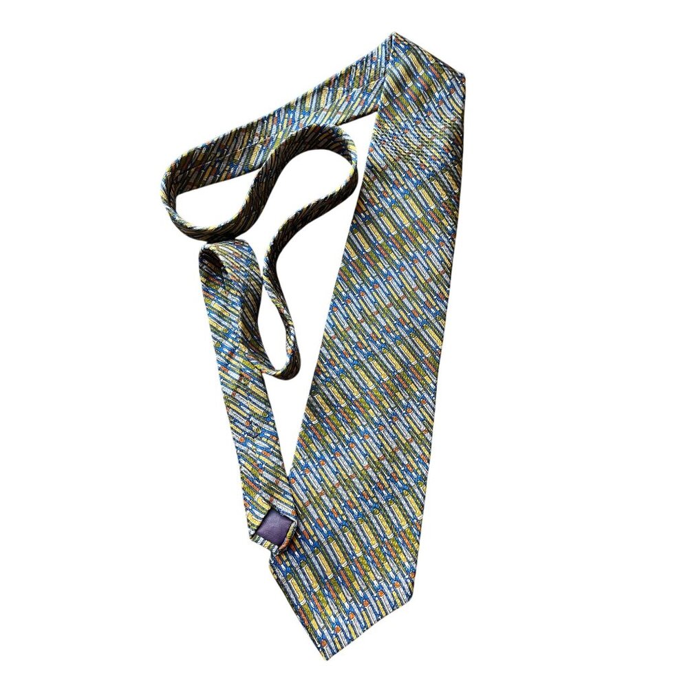 Vintage Boston Traders Silk Tie - Fountain Pen Novelty Pattern - Blue & Gold